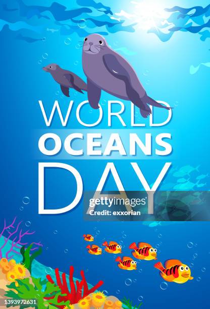 ilustraciones, imágenes clip art, dibujos animados e iconos de stock de día mundial de los océanos vida marina - world oceans day