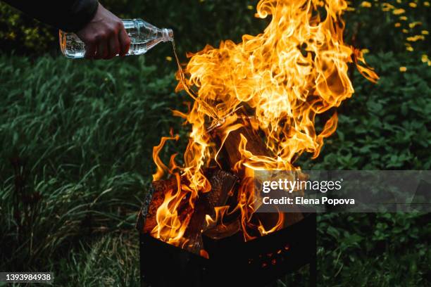 campfire flame against blurred garden background - brasero photos et images de collection