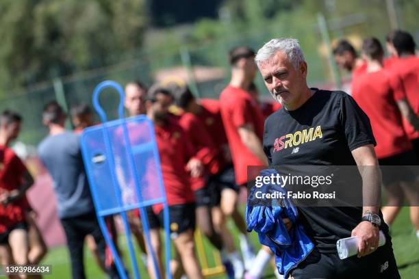 Roma coach Josè Mourinho during a training session at Centro Sportivo Fulvio Bernardini on April 27, 2022 in Rome, Italy.