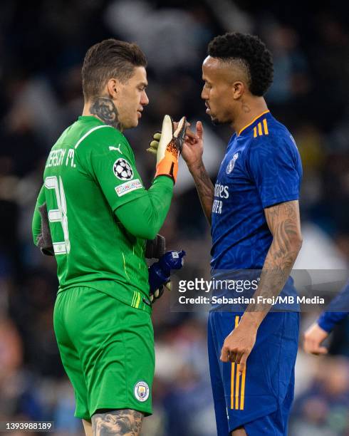 Ederson of Manchester City and Eder Militao of Real Madrid during the UEFA Champions League Semi Final Leg One match between Manchester City and Real...
