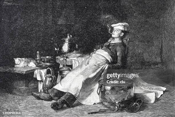 after the work is done, it's good to rest, the cook smokes a cigarette - man smoking cigarette stock illustrations