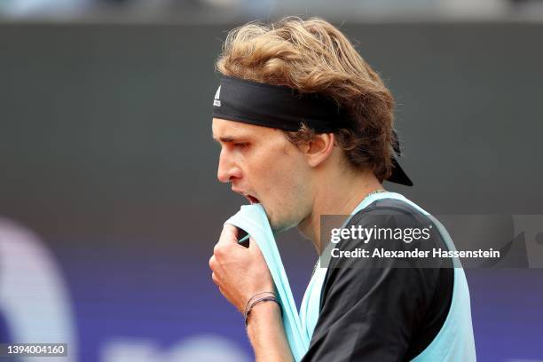 Alexander Zverev of Germany reacts during his 2nd round match against Holger Rune of Denmark on day five of the BMW Open by American Express at MTTC...