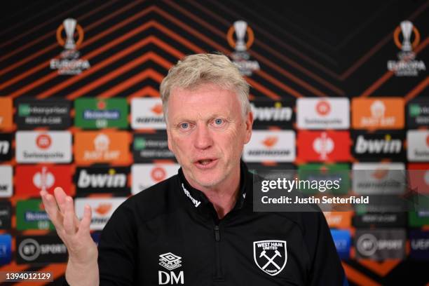 David Moyes, Manager of West Ham United speaks during a West Ham United Press Conference ahead of their Europa League Semi Final against Eintracht...