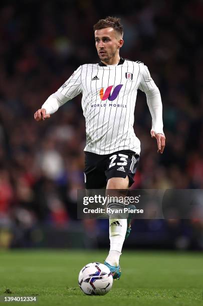 Joe Bryan of Fulham controls the ball during the Sky Bet Championship match between Fulham and Nottingham Forest at Craven Cottage on April 26, 2022...