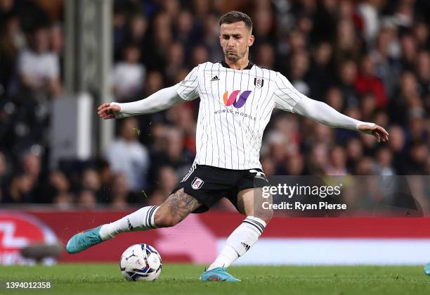 Joe Bryan of Fulham controls the ball during the Sky Bet Championship match between Fulham and Nottingham Forest at Craven Cottage on April 26, 2022...