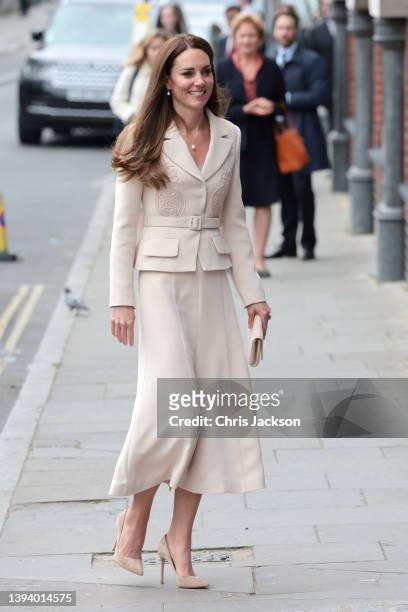 Catherine, Duchess of Cambridge arriver at the RCM and RCOG headquarters on April 27, 2022 in London, England. The Princess Royal and The Duchess of...