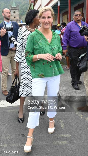 Sophie, Countess of Wessex smiles at well-wishers on day six of their Platinum Jubilee Royal Tour of the Caribbean with Prince Edward, Earl of Wessex...
