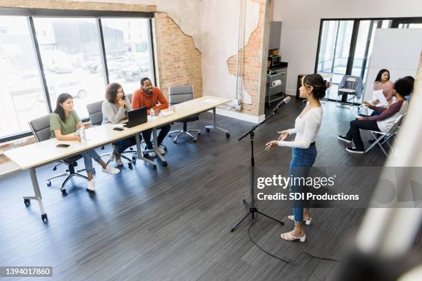 high angle view woman trying out for tv show - audition stockfoto's en -beelden