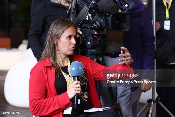 Anabel Medina of Spain works for TVE during the Media Day of WTA during the Mutua Madrid Open 2022 at La Caja Magica on April 27 in Madrid, Spain.