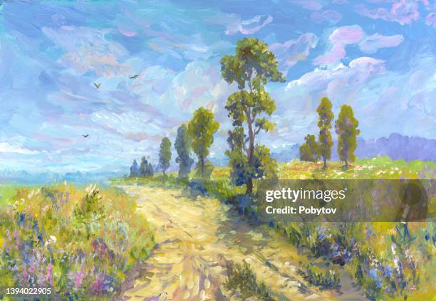 country road on a hot afternoon, oil painting - oil painting flowers stock illustrations