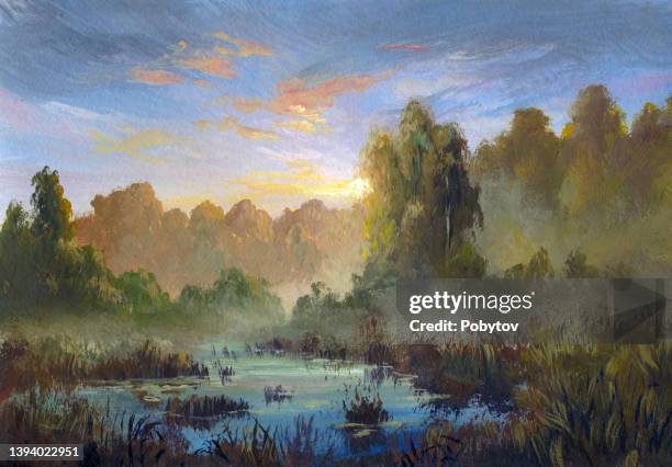 summer sunset on the river, oil painting - romanticism art stock illustrations