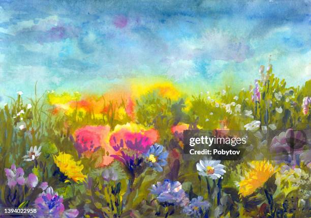 summer meadow, watercolor painting impressionism - impressionism stock illustrations stock illustrations