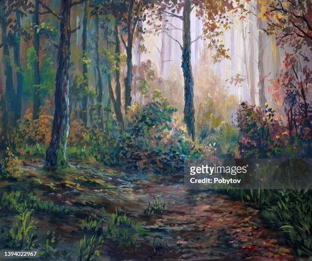 bildbanksillustrationer, clip art samt tecknat material och ikoner med wet autumn forest, oil painting - oljemålning
