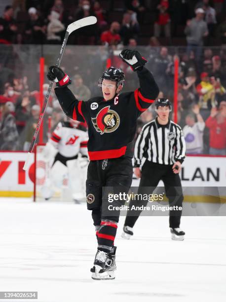 Brady Tkachuk of the Ottawa Senators celebrates on overtime win against the New Jersey Devils at Canadian Tire Centre on April 26, 2022 in Ottawa,...