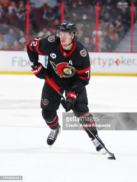Thomas Chabot of the Ottawa Senators skates against the New Jersey Devils at Canadian Tire Centre on April 26, 2022 in Ottawa, Ontario, Canada.