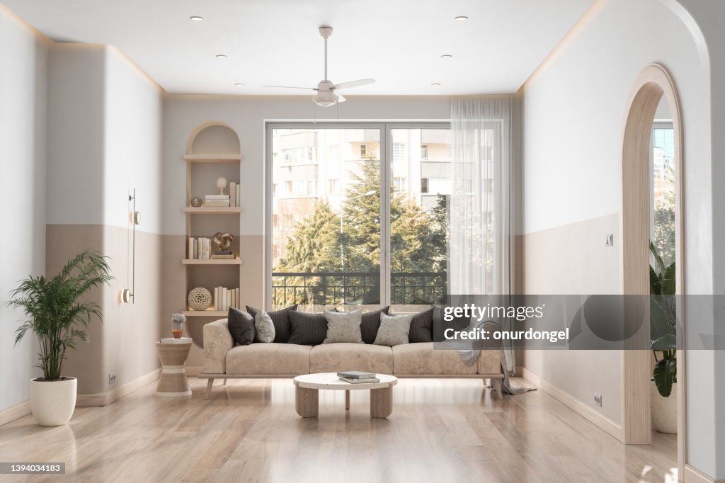 Modern Living Room Interior With Sofa, Coffee Table, Parquet Floor And Garden View From The Window