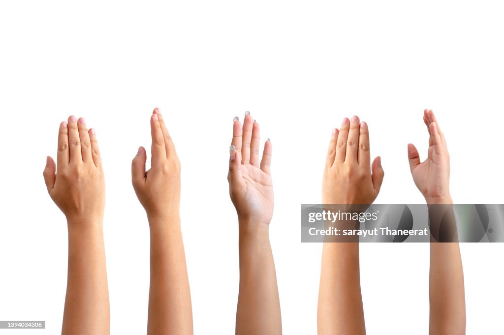 Lots of people raising their hands on the white background. Isolate