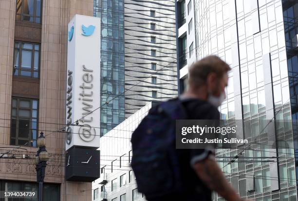 Sign is posted on the exterior of Twitter headquarters on April 27, 2022 in San Francisco, California. Billionaire Elon Musk, CEO of Tesla and Space...