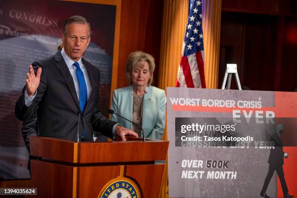 Sen. John Thune speaks at a press conference at the US Capitol on April 27, 2022 in Washington, DC. GOP Lawmakers visited the southern border to...