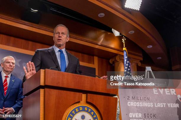 Sen. John Thune speaks at a press conference at the US Capitol on April 27, 2022 in Washington, DC. GOP Lawmakers visited the southern border to...