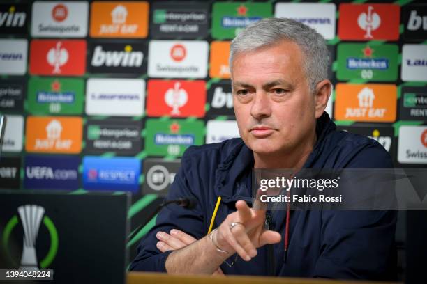 Roma coach Josè Mourinho during a press conference at The King Power Stadium on April 27, 2022 in Leicester, England.