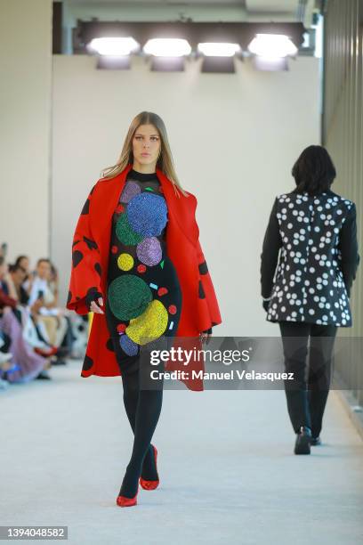 Model walks the runway during the Benito Santos show as part of the Mercedes-Benz Fashion Week Mexico 2022 - Day 2 at Sofitel Mexico City Reforma on...