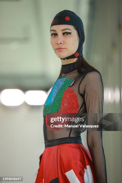 Model walks the runway during the Benito Santos show as part of the Mercedes-Benz Fashion Week Mexico 2022 - Day 2 at Sofitel Mexico City Reforma on...