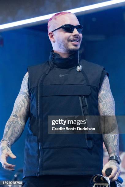 Singer J Balvin performs on the Main Stage during Weekend 2, day 3 of the 2022 Coachella Valley Music & Arts Festival on April 24, 2022 in Indio,...