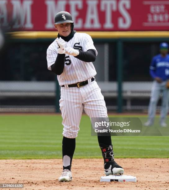 Andrew Vaughn of the Chicago White Sox reacts following and RBI double during the third inning of a game against the Kansas City Royals at Guaranteed...