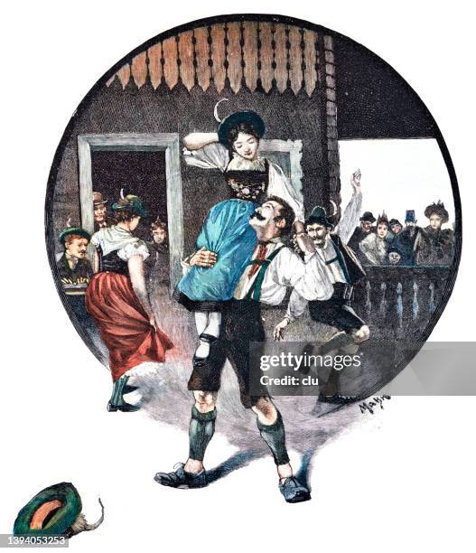 bavarian schuplattler dance - nymphenburg stock illustrations