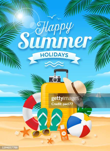 ilustrações de stock, clip art, desenhos animados e ícones de summer holidays with beach summer accessories and travel suitcase. - chinelo de dedo