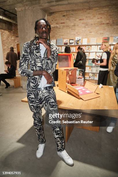 Hugo Kafumbi attends the Johannes Wohnseifer X MCM Edition Launch during the Gallery Weekend Berlin at König Galerie on April 27, 2022 in Berlin,...