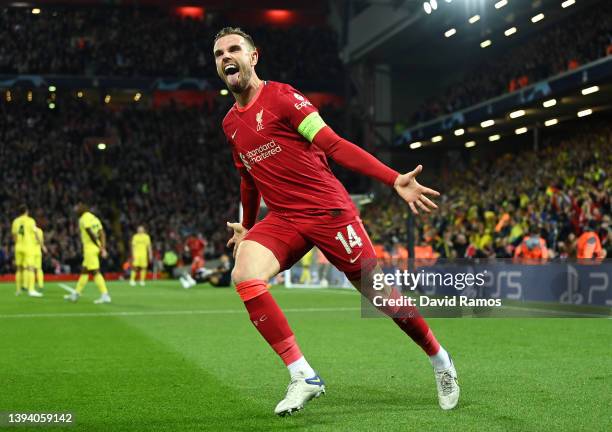 Jordan Henderson of Liverpool celebrates after their team's first goal which came through a Geronimo Rulli of Villarreal CF own goal during the UEFA...