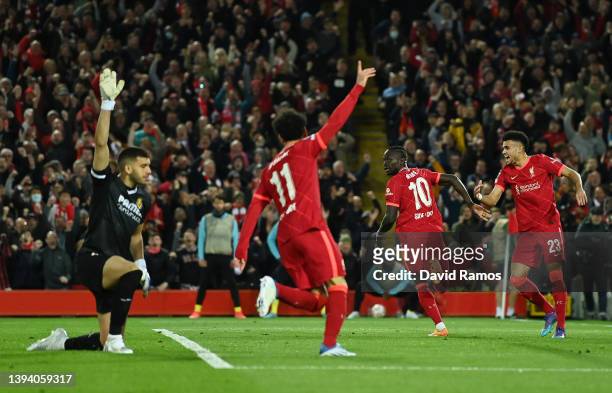 Sadio Mane of Liverpool scores their team's second goal during the UEFA Champions League Semi Final Leg One match between Liverpool and Villarreal at...