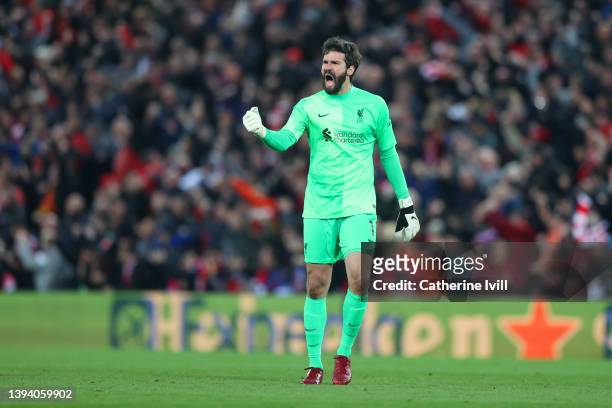 Alisson Becker of Liverpool celebrates their team's second goal during the UEFA Champions League Semi Final Leg One match between Liverpool and...