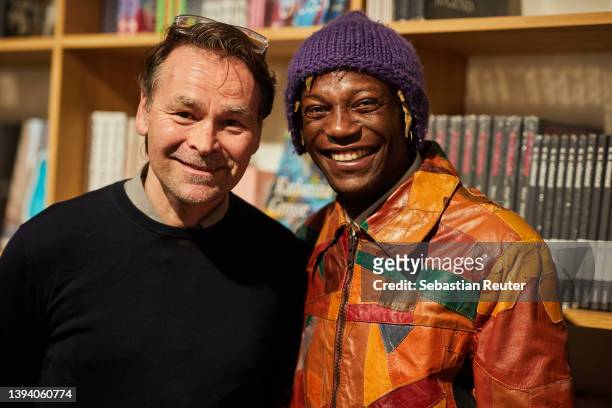 Designer Johannes Wohnseifer and Selassie attend the Johannes Wohnseifer X MCM Edition Launch during the Gallery Weekend Berlin at König Galerie on...