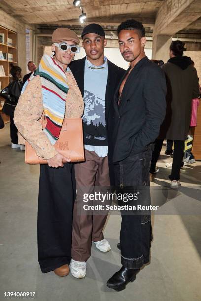 Patrick Mason, Vincent van Pro and Lie Ning attend the Johannes Wohnseifer X MCM Edition Launch during the Gallery Weekend Berlin at König Galerie on...