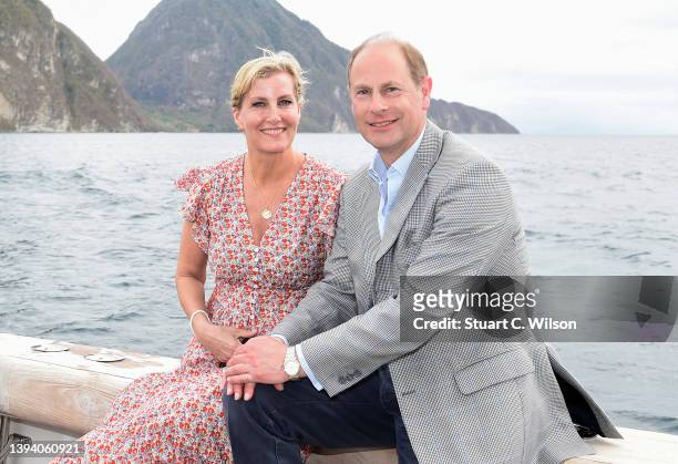 Sophie, Countess of Wessex and Prince Edward, Earl of Wessex depart Soufriere by boat on day six of their Platinum Jubilee Royal Tour of the...