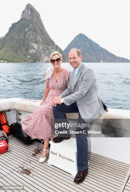 Sophie, Countess of Wessex and Prince Edward, Earl of Wessex depart Soufriere by boat on day six of their Platinum Jubilee Royal Tour of the...