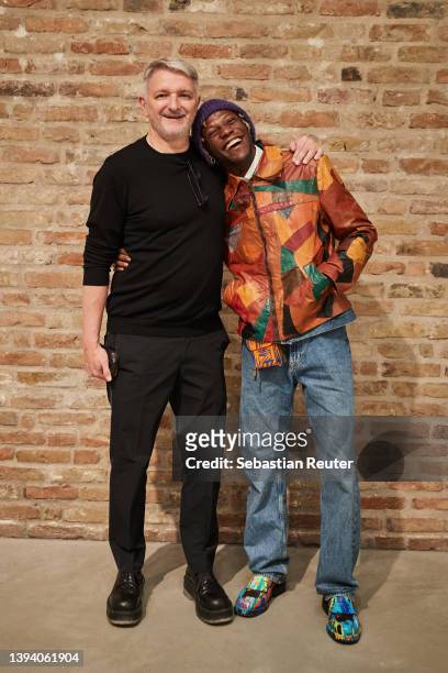 Dirk Schoenberger and Selassie attend the Johannes Wohnseifer X MCM Edition Launch during the Gallery Weekend Berlin at König Galerie on April 27,...