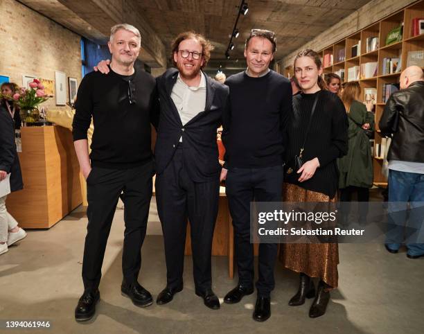 Dirk Schoenberger, Johann Koenig, designer Johannes Wohnseifer and Lena Koenig attends the Johannes Wohnseifer X MCM Edition Launch during the...