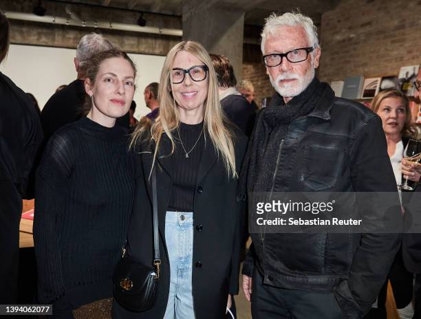 Lena Koenig, Angelika Taschen and guest attend the Johannes Wohnseifer X MCM Edition Launch during the Gallery Weekend Berlin at König Galerie on...