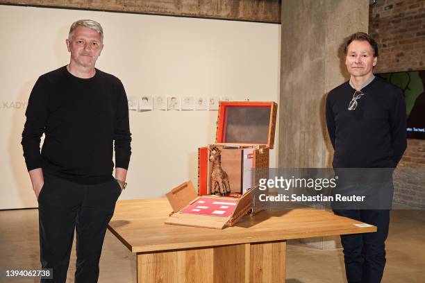 Dirk Schoenberger and designer Johannes Wohnseifer attend the Johannes Wohnseifer X MCM Edition Launch during the Gallery Weekend Berlin at König...