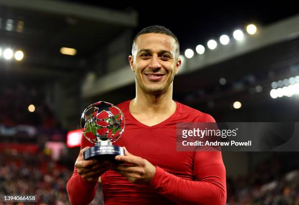 Thiago Alcantara of Liverpool with the Champions League player of the match award at the end of the UEFA Champions League Semi Final Leg One match...