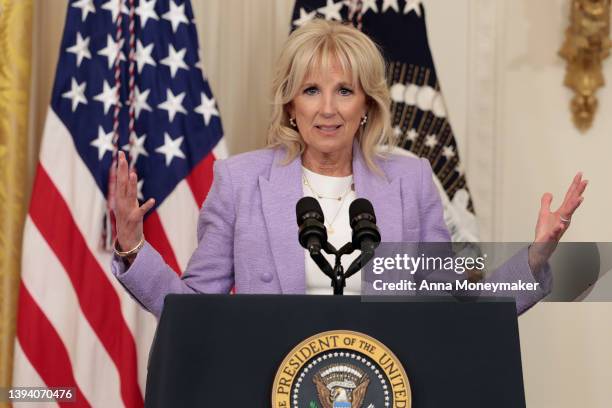 First Lady Jill Biden delivers remarks during an event for the 2022 National and State Teachers of the Year in the East Room of the White House on...