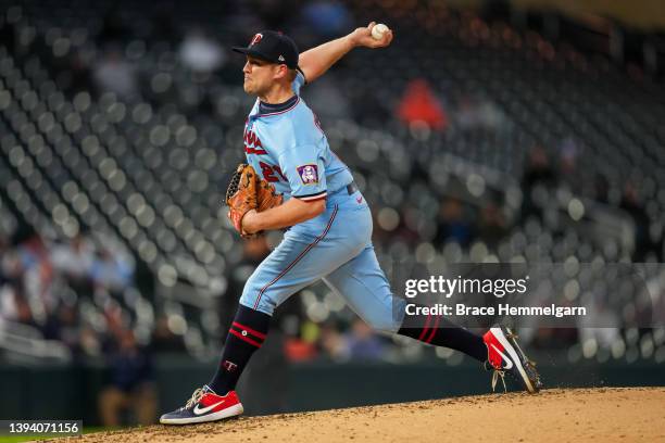 Tyler Duffey of the Minnesota Twins pitches against the Detroit Tigers on April 26, 2022 at Target Field in Minneapolis, Minnesota.