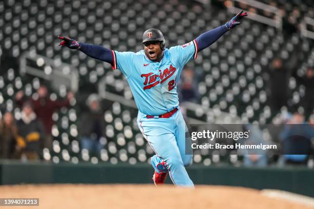 Miguel Sanó of the Minnesota Twins celebrates a walk-off hit against the Detroit Tigers on April 26, 2022 at Target Field in Minneapolis, Minnesota.