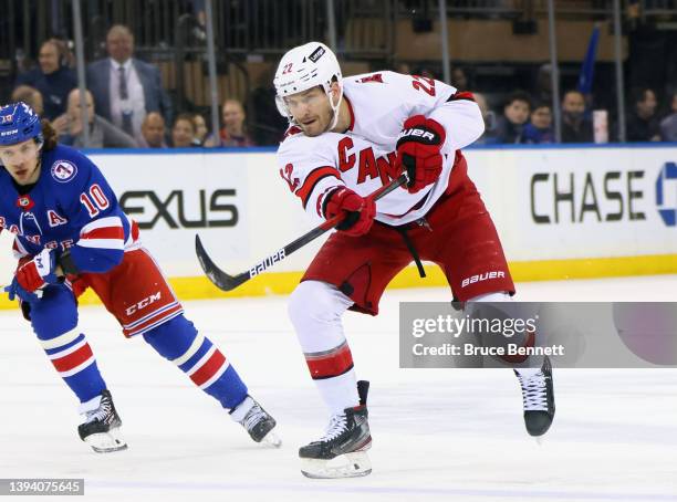 Brett Pesce of the Carolina Hurricanes skates against the New York Rangers at Madison Square Garden on April 26, 2022 in New York City.