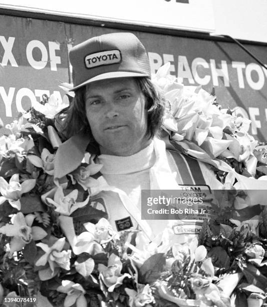 Former professional athlete Bruce Jenner was in the Winner's Circle as the Celebrity Winner at the 1982 Toyota Pro/Celebrity Race at the Long Beach...