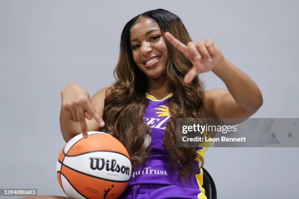 Arella Guirantes attends Los Angeles Sparks Media day at Jump Beyond Sports on April 27, 2022 in Torrance, California. NOTE TO USER: User expressly...